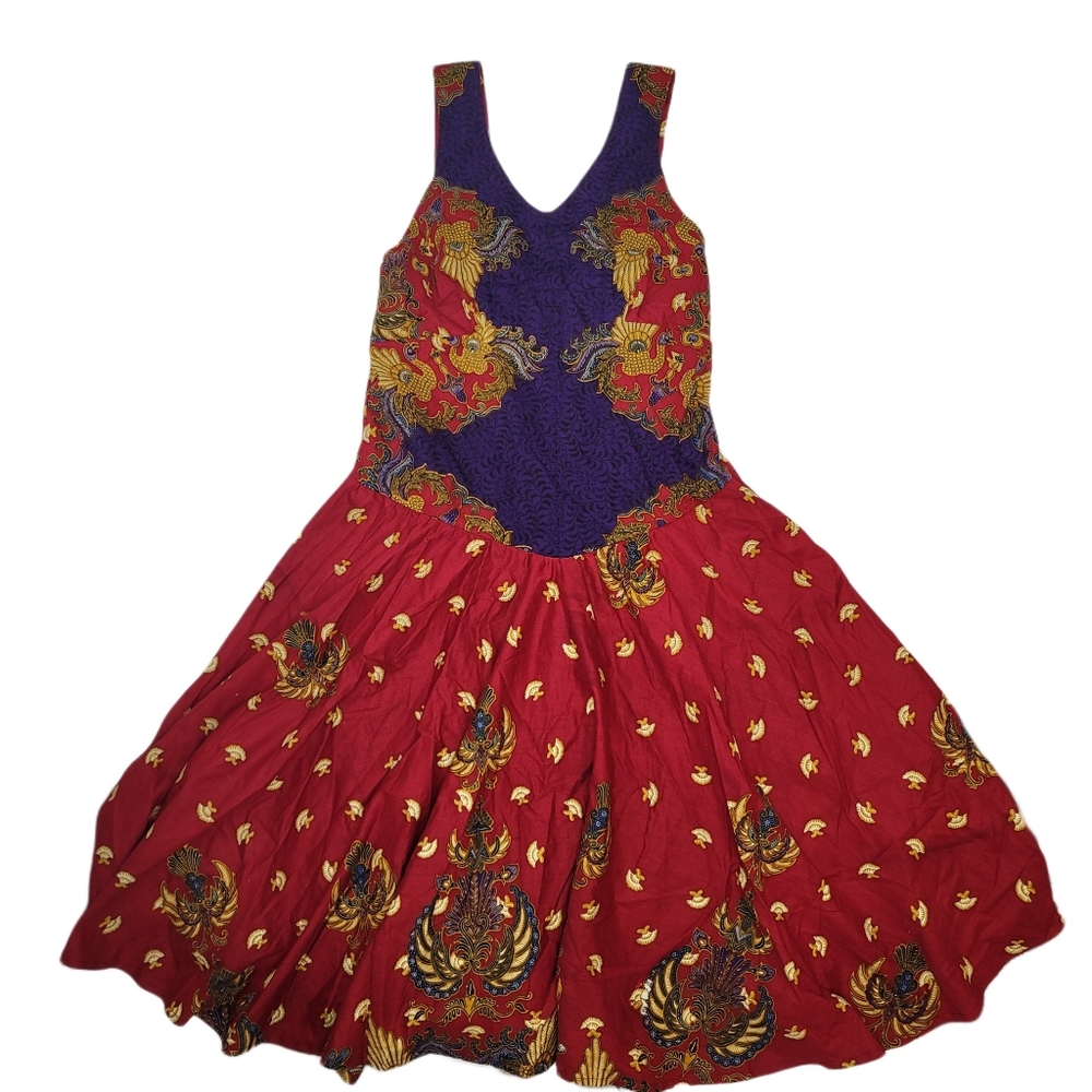 Percy's fit and flare paisley scroll purple, maroon, gold dress size large.